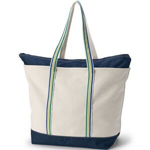 Land's End canvas Tote zipper natural long handle Navy embroidered "Taylor"